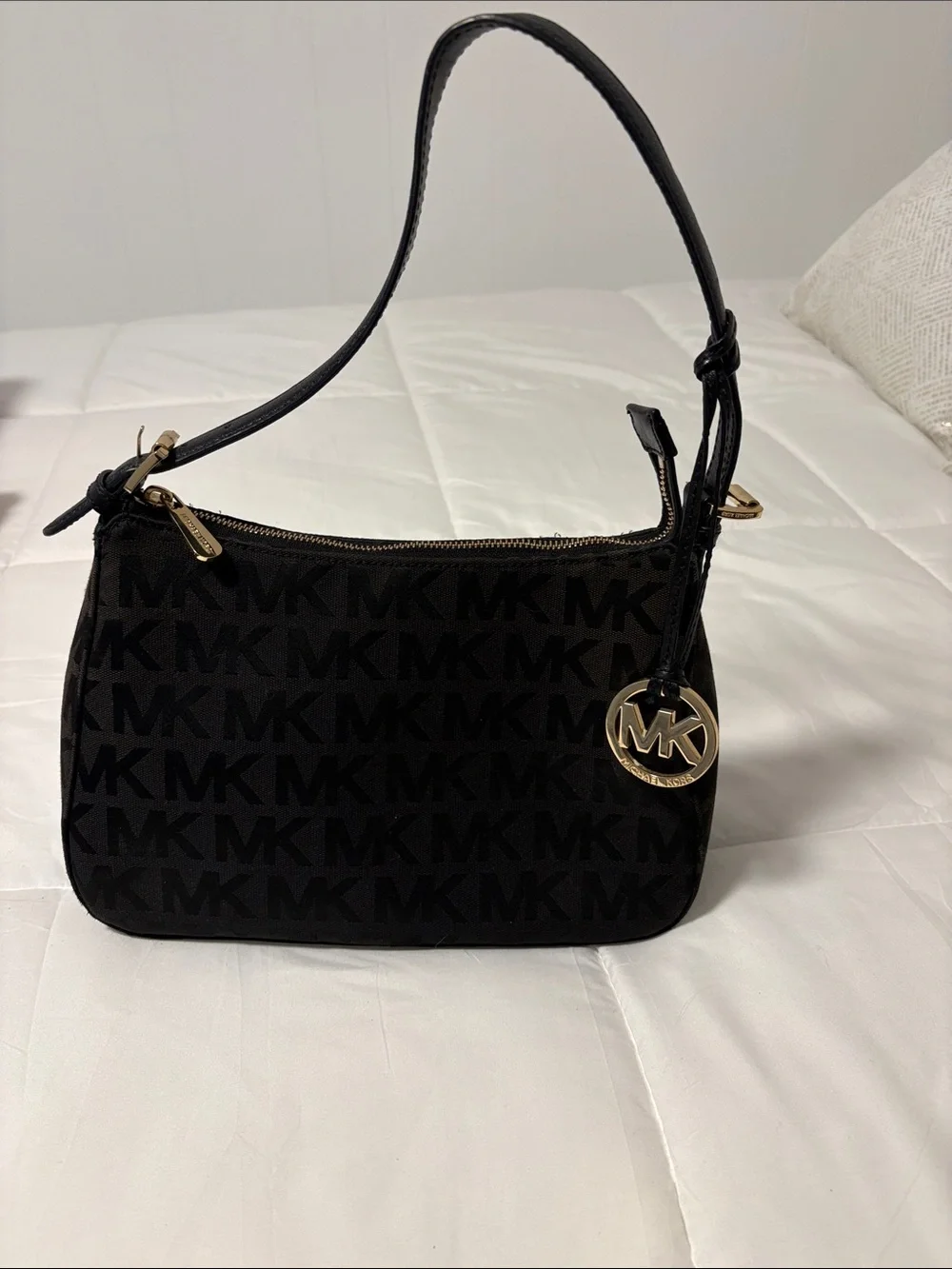 Michael Kors Black MK Logo Shoulder Bag with Gold Accent Charm